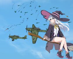 1girl ? ?? aerial_battle aircraft airplane bare_legs battle black_hat black_robe blue_eyes blue_sky blush bow bowtie breasts broom broom_riding clouds cocktiel77 collared_shirt commentary_request dogfight elaina_(majo_no_tabitabi) flying full_body gun hair_between_eyes hat korean_commentary landing_gear long_hair long_sleeves looking_to_the_side machine_gun majo_no_tabitabi military military_vehicle open_clothes open_mouth open_robe outdoors pointy_boots propeller_fighter ribbon robe roundel shirt shot_down sitting skirt sky small_breasts smoke solo sweatdrop thighs vehicle_request weapon white_hair white_shirt witch witch_hat yellow_bow yellow_bowtie yellow_ribbon 