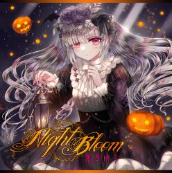  1girl album_cover album_name ascot black_bow black_skirt blush bow bowtie braid candle cover fingernails floating floating_hair flower flower_request frilled_skirt frills grey_hair hair_bow head_wings highres holding holding_lantern jack-o&#039;-lantern lantern long_hair long_sleeves looking_at_viewer original pointy_ears purple_flower red_eyes second-party_source sharp_fingernails single_head_wing skirt solo stitched teardrop_facial_mark tochigi_kirihito very_long_hair white_ascot white_bow white_bowtie wings 