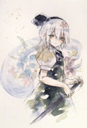  1girl alternate_hairstyle blue_eyes collared_shirt highres ikeda_ruriko konpaku_youmu medium_hair painting_(medium) shirt short_sleeves solo touhou traditional_media watercolor_(medium) white_hair white_shirt 