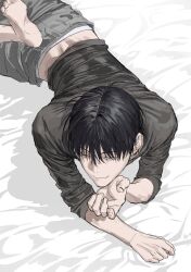  1boy absurdres barefoot black_hair chamuring closed_mouth commentary_request feet from_above grey_pants han_maru highres korean_commentary long_sleeves lying male_focus male_underwear male_underwear_peek on_stomach pants short_hair sleeves_pushed_up soles solo special_civil_servant underwear white_male_underwear 