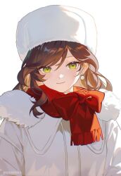  1girl bow brown_hair closed_mouth commentary english_commentary eyebrows_hidden_by_hair fringe_trim fur-trimmed_jacket fur_hat fur_trim green_eyes hair_between_eyes hat jacket looking_at_viewer pazoinks red_scarf rosa_(tears_of_themis) scarf scarf_bow simple_background smile solo tears_of_themis upper_body white_background white_hat white_jacket 