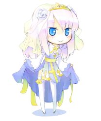  1girl arch_bishop_(ragnarok_online) blue_eyes blush bridal_veil chibi chibi_only closed_mouth commentary_request cross curtsey dress frilled_thighhighs frills full_body highres juliet_sleeves long_hair long_sleeves looking_at_viewer pink_hair puffy_sleeves ragnarok_online sakutoko sash simple_background smile solo thigh-highs two-tone_dress veil white_background white_dress white_thighhighs yellow_sash 