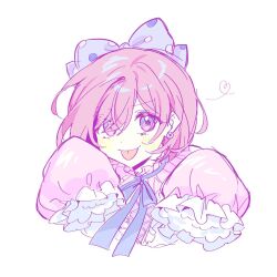  bob_cut bow dress earrings frilled_dress frilled_sleeves frills hair_bow hair_over_one_eye high_collar highres jewelry long_sleeves neck_ribbon official_alternate_costume official_alternate_hairstyle ootori_emu parted_bangs pastel_colors pink_eyes pink_hair polka_dot polka_dot_bow project_sekai puffy_long_sleeves puffy_sleeves ribbon ryoung476 sketch sleeves_past_fingers sleeves_past_wrists tongue tongue_out upper_body very_long_sleeves white_background wonderhorror~!?_na_kimodameshi!_(project_sekai) 