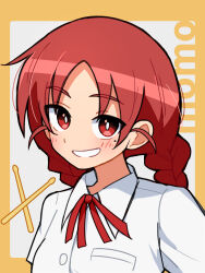  1girl absurdres blush braid braided_twintails breast_pocket bright_pupils cashiyaka character_name collared_shirt commentary_request dress_shirt drumsticks futsuu_no_keion-bu grin highres mole mole_under_eye necktie parted_bangs pocket red_eyes red_hair red_necktie school_uniform shirt short_sleeves smile solo twin_braids uchida_momo upper_body white_pupils white_shirt 