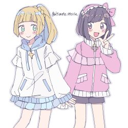  2girls :> :d alternate_costume black_hair black_shorts blonde_hair blue_skirt blush_stickers bow braid braided_ponytail green_eyes grey_eyes hair_bow high_ponytail highres hood hoodie jacket lillie_(pokemon) long_hair looking_at_another maid_headdress multiple_girls open_mouth pink_bow pink_jacket pokemon pokemon_sm ponytail remoooon see-through_clothes see-through_skirt selene_(pokemon) short_hair shorts simple_background skirt smile standing track_jacket upper_body w white_background white_jacket 