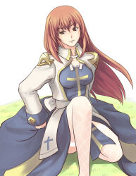  1girl arch_bishop_(ragnarok_online) blue_dress breasts brown_eyes brown_hair closed_mouth collared_jacket colorized commentary_request cross dress fishnet_thighhighs fishnets foot_out_of_frame grass jacket long_hair looking_at_viewer medium_breasts nueco on_one_knee ragnarok_online sash sitting smile solo thigh-highs white_jacket white_sash white_thighhighs 