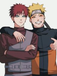  2boys arm_around_shoulder black_jacket blonde_hair blue_eyes brown_shirt crossed_arms eyeliner facial_mark furrowed_brow gaara_(naruto) grey_background grey_vest grin headband highres horizontal_pupils jacket jumpsuit light_frown makeup male_focus multicolored_jacket multiple_boys naruto_(series) naruto_shippuuden no_eyebrows orange_eyes orange_jacket orange_jumpsuit ppagtu red_eyeliner red_hair scar scar_on_face scar_on_forehead sharp_teeth shirt short_hair smile teeth thumbs_up two-tone_jacket upper_body uzumaki_naruto vest whisker_markings 