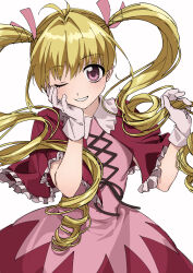  1girl absurdres antenna_hair biscuit_krueger blonde_hair capelet frilled_capelet frills gloves grin hair_intakes hair_ribbon hand_on_own_cheek hand_on_own_face highres holding holding_own_hair hunter_x_hunter long_hair looking_at_viewer one_eye_closed pink_ribbon pink_shirt re_tae44 red_capelet red_eyes red_skirt ribbon shirt simple_background sketch skirt smile solo standing twintails very_long_hair white_background white_gloves 