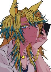  1girl animal_ears blonde_hair blue_eyes blue_hair bracelet breasts card closed_mouth collared_shirt highres horse_ears horse_girl jewelry joker_(playing_card) jose_(joseeidossei) long_hair looking_at_viewer multicolored_hair necklace necktie obey_your_master_(umamusume) playing_card shirt simple_background smile solo star-shaped_pupils star_(symbol) star_in_eye star_necklace streaked_hair symbol-shaped_pupils symbol_in_eye umamusume umamusume:_cinderella_gray upper_body white_background white_shirt 