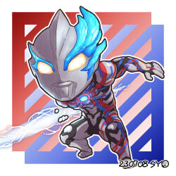 1boy 2023 alien arm_up armor artist_name asymmetrical_arms asymmetrical_horns blue_background blue_horns blue_skin border chibi chibi_only color_timer colored_skin commentary compound_eyes crackling_energy dated dorsal_fin energy_spear full_body glowing glowing_eyes glowing_horns gradient_background gradient_eyes holding holding_polearm holding_weapon horns looking_at_viewer male_focus multicolored_eyes multicolored_skin outline pectorals polearm red_background red_skin shoulder_armor silver_skin solo spear squatting syo_(smokeless_territory) tokusatsu ultra_series ultraman ultraman_blazar ultraman_blazar_(series) weapon white_border white_outline yellow_eyes