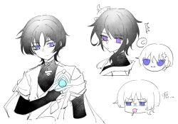  2boys ^^^ alternate_hair_length alternate_hairstyle anger_vein arm_at_side armor blue_gemstone blue_pupils blunt_bangs blunt_ends bodysuit bridal_gauntlets bright_pupils closed_mouth cropped_torso disembodied_head expressionless fan_hair_ornament father_and_son feathers furisode gem genderswap genderswap_(ftm) genshin_impact glowing_gem hand_on_own_chest hand_up hatching_(texture) highres japanese_armor japanese_clothes juban kimono kote layered_sleeves linear_hatching lollipop_in_mouth looking_at_object looking_at_viewer looking_down mandarin_collar middle_ring mohu_116 mole mole_under_eye multiple_boys off_shoulder open_hand raiden_shogun scaramouche_(genshin_impact) short_hair short_sleeves sketch split_mouth spot_color squinting swept_bangs translation_request violet_eyes vision_(genshin_impact) wanderer_(genshin_impact) white_background white_pupils wispy_bangs 