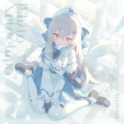  1girl ahoge album_cover angel angel_wings beatrixa_(stella_sora) black_gloves brown_shoes cover crossed_bangs dress feathers frilled_dress frills game_cg gloves grey_hair halo hat highres holding holding_feather layered_sleeves loafers long_sleeves looking_at_viewer medium_dress non-web_source nurse nurse_cap official_art pantyhose puffy_short_sleeves puffy_sleeves red_eyes shoes short_over_long_sleeves short_sleeves sitting solo stella_sora stethoscope_around_neck traditional_halo wariza white_dress white_feathers white_pantyhose white_wings wings 