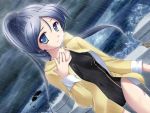  blue_hair competition_swimsuit dutch_angle game_cg jpeg_artifacts long_hair ocean one-piece_swimsuit ponytail rain raincoat sea solo storm swimsuit tangent waves 
