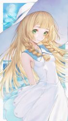  1girl absurdres blonde_hair braid breasts closed_mouth collared_dress commentary day dress floating_hair green_eyes hat hat_ribbon highres lillie_(pokemon) long_hair outdoors pokemon pokemon_sm renoahh revision ribbon sky sleeveless sleeveless_dress small_breasts smile solo sun_hat twin_braids white_dress white_hat 