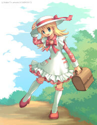  1girl apron archived_source artist_name ashita_no_nadja bad_link bag blonde_hair blue_eyes blue_sky bow bowtie briefcase brooch brown_bag bush clouds collared_dress copyright_notice day dirt_road dress english_text frilled_apron frilled_socks frills full_body gem grid_print hat hat_ribbon heart heart_brooch holding holding_bag holding_briefcase jewelry kneehighs legs_apart long_hair nadja_applefield open_mouth outdoors pocket porkpie_hat print_dress print_sleeves red_bow red_bowtie red_dress red_gemstone red_ribbon red_shoes red_sleeves ribbon road shoes sky sleeve_cuffs socks solo straight_hair tiv white_apron white_hat white_socks wing_collar 