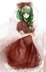  bow breasts crossed_arms dress green_eyes green_hair kagiyama_hina miya9 red_dress touhou 