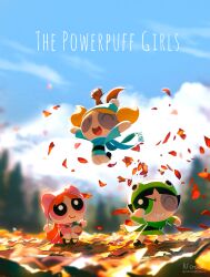 3girls acorn animal_on_head artist_name autumn autumn_leaves beanie black_hair black_shoes blonde_hair blossom_(ppg) blue_dress blue_hat blue_scarf blue_sky blurry blurry_foreground bubbles_(ppg) buttercup_(ppg) child closed_eyes commentary copyright_name dress falling_leaves frog_hat full_body green_dress green_eyes green_scarf grin hat highres holding_acorn jumping leaf long_hair mary_janes multiple_girls noah_(rokoroko) on_head one_eye_closed open_mouth orange_hair outdoors outstretched_arms pink_dress pink_eyes pink_hat pink_scarf pom_pom_(clothes) pom_pom_beanie powerpuff_girls scarf shoes short_hair siblings sisters sky smile squirrel symbol-only_commentary teeth twitter_username watermark 
