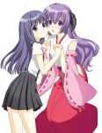  blue_hair detached_sleeves furude_rika hakama hand_holding hanyuu higurashi_no_naku_koro_ni holding_hands horns japanese_clothes long_hair mattaku_mosuke miko purple_eyes purple_hair school_uniform violet_eyes 