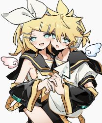  1boy 1girl absurdres aqua_eyes arrow_(projectile) black_sailor_collar black_shorts black_sleeves blush cursor detached_sleeves electric_angel_(vocaloid) gyu9447 hair_between_eyes hair_ornament hair_ribbon hairband hairclip headgear heart heart-shaped_pupils highres holding holding_arrow holding_hands kagamine_len kagamine_rin medium_hair mini_wings open_mouth ponytail puffy_short_sleeves puffy_sleeves ribbon sailor_collar shirt short_ponytail short_sleeves shorts sleeveless sleeveless_shirt smile spiky_hair swept_bangs symbol-shaped_pupils upper_body vocaloid white_background white_hairband white_ribbon white_shirt wings 