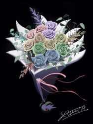  absurdres black_background blue_flower blue_rose bob_cut colored_skin dress flower gardevoir green_flower green_hair green_rose highres holding holding_ribbon mega_gardevoir mega_pokemon pink_flower pink_ribbon pink_rose pokemon pokemon_(creature) purple_flower purple_rose red_eyes ribbon rose shita_desu signature simple_background white_dress white_skin 