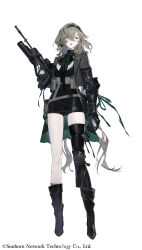  1girl :o absurdres armor assault_rifle bags_under_eyes belt_pouch black_armor black_boots black_dress black_shoes black_shorts black_thighhighs blonde_hair boots braid bullpup checkered_hairband chinese_commentary coattails commentary copyright_name cropped_jacket dress earclip ef88_(girls&#039;_frontline) fingerless_gloves full_body gauntlets girls_frontline gloves green_gloves green_hair green_neckerchief grenade_launcher grey_jacket gun hair_over_one_eye hairband half-closed_eyes highres holding holding_gun holding_weapon jacket knee_pads lapel_chain lapel_pin lapels long_bangs long_hair looking_at_viewer magazine_(weapon) meru02295238 micro_shorts muzzle_device neckerchief notched_lapels open_clothes open_jacket open_mouth optical_sight plant_print pouch rifle shirt shoes short_dress shorts simple_background single_arm_armor single_bare_leg single_hair_intake single_knee_pad single_thighhigh solo standing striped_clothes striped_shirt suit_jacket tachi-e teeth thigh-highs thigh_gap trigger_discipline underbarrel_grenade_launcher upper_teeth_only vertical-striped_clothes vertical-striped_shirt very_long_hair watermark weapon weibo_username weibo_watermark white_background white_shirt 