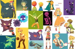 4girls 6+boys aaron_(pokemon) ahoge alternate_color alternate_costume ash_ketchum ashley_(pokemon) barry_(pokemon) basketball bike_shorts blonde_hair brown_hair clothed_pokemon collage commentary_request crossdressing espeon feet flint_(pokemon) forked_tail gardenia_(pokemon) gastly gengar hat haunter kokemomo_sayakusa lucas_(pokemon) may_(pokemon) maylene_(pokemon) multiple_boys multiple_girls pachirisu pokemon pokemon_(anime) pokemon_(classic_anime) pokemon_(creature) pokemon_dppt pokemon_rse raichu rayman_limbs shiny_and_normal shiny_pokemon tail translation_request trap umbreon volkner_(pokemon)