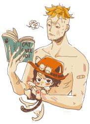  2boys absurdres bandaid blonde_hair book carrying cat_boy commentary english_commentary freckles hat highres holding holding_book male_focus marco_(one_piece) mo15271 multiple_boys one_piece orange_hat portgas_d._ace short_hair simple_background sweatdrop topless_male v-shaped_eyebrows white_background 