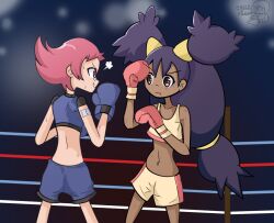  2girls :d :t alternate_costume arms_up bandaid bandaid_on_arm bandaid_on_face bandaid_on_nose blue_background blue_gloves blue_shorts blue_sweater blurry blurry_background blush bokeh bow bowtie boxing boxing_gloves boxing_ring boxing_shorts brown_eyes camera_flash closed_mouth cowboy_shot dark_skin depth_of_field english_text fighting_stance from_side gloves gradient_background grin hair_between_eyes hair_bow iris_(pokemon) kellidraws light_blush long_hair looking_at_another maylene_(pokemon) multiple_girls navel pink_eyes pink_gloves pink_hair pokemon pokemon_bw pokemon_dppt puff_of_air purple_hair serious short_hair shorts signature sleeveless sleeveless_sweater sleeveless_turtleneck smile smirk smug sports_bra sportswear standing stitches sweat sweatdrop sweater turtleneck twintails yellow_bow yellow_bowtie yellow_shorts yellow_sports_bra 