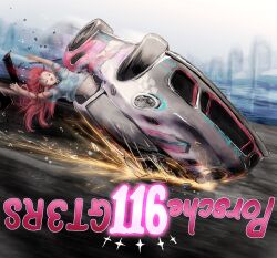  &gt;_&lt; 1girl :d alternate_costume arms_up car closed_eyes demon_horns drifting english_text hair_flaps highres hololive hololive_english horns irys_(hololive) long_hair motor_vehicle navel nymph_rhythm open_mouth overturned_car porsche_911_gt3rs red_hair road shirt smile solo sparkle virtual_youtuber xd 