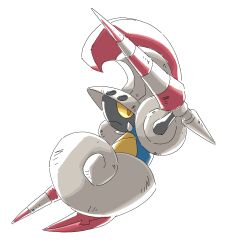  absurdres colored_sclera commentary english_commentary escavalier full_body highres lance no_humans orange_eyes pokemon pokemon_(creature) pokemon_focus polearm pr_quote simple_background solo weapon white_background yellow_sclera 