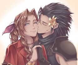  1boy 1girl aerith_gainsborough armor bangle black_gloves black_hair blue_sweater blush bracelet braid braided_ponytail brown_hair choker closed_eyes closed_mouth commentary couple crisis_core_final_fantasy_vii cross_scar drill_hair drill_sidelocks facing_another final_fantasy final_fantasy_vii final_fantasy_vii_remake flower gloves gradient_hair green_eyes hair_flower hair_ornament hair_ribbon hair_slicked_back hetero highres holding_hands interlocked_fingers jacket jewelry k_n0pee kiss kissing_cheek long_hair looking_at_another multicolored_hair one_eye_closed parted_bangs pink_ribbon ponytail red_jacket ribbed_sweater ribbon scar scar_on_cheek scar_on_face short_sleeves shoulder_armor sidelocks smile spiky_hair suspenders sweater symbol-only_commentary turtleneck turtleneck_sweater upper_body yellow_flower zack_fair 