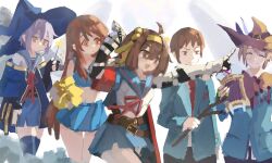  2boys 3girls :d ^_^ absurdres armband asahina_mikuru belly belt blue_cape blue_hat blue_jacket blue_sailor_collar blue_skirt blue_thighhighs blush brown_eyes brown_hair cape cheerleader closed_eyes denpajin-ryuushi english_commentary fingerless_gloves frown gloves hair_ribbon hairband hat hat_feather highres holding holding_pom_poms holding_wand jacket kita_high_school_uniform kneehighs koizumi_itsuki kyon large_hat long_hair long_sleeves medium_hair miniskirt multiple_boys multiple_girls nagato_yuki navel necktie open_clothes open_jacket outstretched_arm pleated_skirt pom_pom_(cheerleading) purple_hair red_armband red_necktie red_ribbon ribbon sailor_collar school_uniform serafuku shirt short_hair short_sleeves skirt smile socks star_(symbol) style_request summer_uniform suzumiya_haruhi suzumiya_haruhi_no_yuuutsu tank_top thigh-highs wand white_shirt witch_hat yellow_eyes yellow_hairband yellow_ribbon 