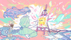  1girl antique_phone barefoot book branch candy commentary_request cupcake dress easel floating_hair flower food from_behind full_body glass green_dress green_flower highres holding holding_paintbrush lollipop long_hair multicolored_hair open_mouth original paintbrush painting_(action) painting_(object) pastel_colors phone picture_frame pile_of_books port_(portzzz) procreate_(medium) rotary_phone short_sleeves sitting tray tulip two-tone_hair wariza whale wrapped_candy 