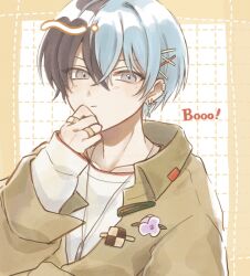  1boy aoyagi_touya bandaid bandaid_on_finger bandaid_on_hand blue_hair booo!_(vocaloid) closed_mouth collared_shirt commentary_request copyright_name crew_neck earrings hair_between_eyes hair_ornament hairpin hand_up highres jewelry layered_clothes long_sleeves looking_at_viewer male_focus mole mole_under_eye multicolored_hair multiple_hairpins necklace official_alternate_costume project_sekai ron! shirt short_hair solo split-color_hair two-tone_hair upper_body 