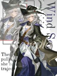  1girl absurdres black_coat black_hat character_name coat commission english_text gun hair_over_one_eye hat highres holding holding_gun holding_weapon long_hair long_skirt official_alternate_costume one_eye_covered purple_skirt reverse:1999 sample_watermark shirt skirt smile solo upper_body violet_eyes watermark weapon white_hair white_shirt windsong_(reverse:1999) wu_fuzuoyong 