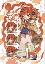  &gt;_&lt; 1girl :d :o ahoge asymmetrical_legwear bandaid bandaid_on_knee bandaid_on_leg blonde_hair blue_shoes blue_shorts blush_stickers brown_eyes clenched_hands closed_eyes closed_mouth commentary cursor full_body grey_socks grid_background hands_up highres jacket kneehighs long_hair long_sleeves looking_at_viewer loose_socks mid_(doa_3d) mismatched_legwear multicolored_hair multiple_expressions open_clothes open_jacket open_mouth original red_hair red_shirt shirt shoes shorts single_kneehigh single_sock smile socks standing star-shaped_pupils star_(symbol) striped_clothes striped_socks symbol-only_commentary symbol-shaped_pupils two-tone_hair uneven_legwear watermark white_background yellow_jacket yellow_socks 