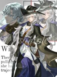  1girl absurdres black_coat black_hat character_name coat commission english_text gun hair_over_one_eye hat highres holding holding_gun holding_weapon long_hair long_skirt multiple_views official_alternate_costume one_eye_covered profile purple_skirt reverse:1999 sample_watermark shirt skirt smile upper_body violet_eyes watermark weapon white_hair white_shirt windsong_(reverse:1999) wu_fuzuoyong zoom_layer 