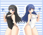  black_hair blue_eyes blue_hair dual_persona long_hair one-piece one-piece_swimsuit pangya star stars summer swimsuit twins wink 
