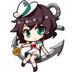  1girl anchor anchor_print aqua_eyes black_hair black_shoes blush_stickers chibi commentary full_body hat hishaku holding knees_together_feet_apart lowres midriff murasa_minamitsu renren_(ah_renren) revision sailor sailor_hat shirt shoes short_hair short_sleeves shorts smile socks solo touhou white_hat white_shirt white_shorts white_socks 