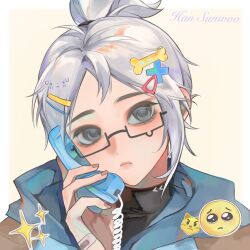  1girl absurdres bandaid bandaid_on_hand black_eyes blue_hoodie bone_hair_ornament border cat_emoji character_name chinese_commentary closed_mouth commentary_request corded_phone cross_hair_ornament dingli emoji grey_hair hair_ornament hairclip head_tilt highres holding holding_phone hood hood_down hoodie jett_(valorant) looking_at_viewer parted_bangs phone pleading_face_emoji portrait rectangular_eyewear semi-rimless_eyewear short_hair solo sparkle teardrop-framed_glasses valorant white_border yellow_background 