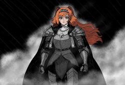  1girl alternate_costume armor black_background black_cape breastplate cape checkered_hairband closed_mouth cowboy_shot cuisses faulds gauntlets green_eyes hairband highres hyojin_en looking_at_viewer rain reverse:1999 scar scar_on_face shoulder_armor smoke solo sonetto_(reverse:1999) two_side_up v-shaped_eyebrows 