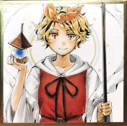  1girl bishamonten&#039;s_pagoda bishamonten&#039;s_spear black_streaks hagoromo hair_ornament highres holding holding_polearm holding_weapon looking_at_viewer multicolored_hair nme_0039 polearm portrait ribbon shawl short_hair smile solo streaked_hair toramaru_shou touhou traditional_media undefined_fantastic_object weapon white_background wide_sleeves yellow_eyes 