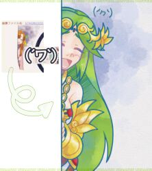  1girl 95-tan arrow_(symbol) artist_name chain circlet closed_eyes gold_chain green_hair highres kid_icarus kid_icarus_uprising open_mouth os-tan palutena peeking_out reference_inset santurn watermark 