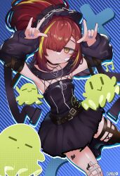  1girl \m/ arknights artist_name bandage_on_knee bandaid bandaid_on_face black_bonnet black_choker black_dress blue_background blue_nails blunt_bangs blush bonnet brown_eyes chain choker commentary cuddz detached_sleeves double_\m/ dress english_commentary gauze_on_knee green_hair hair_over_one_eye highres jewelry long_hair looking_at_viewer material_growth multicolored_hair nail_polish oripathy_lesion_(arknights) pointy_ears puppet_dancer_(arknights) red_hair single_thighhigh solo streaked_hair tecno_(arknights) thigh-highs 