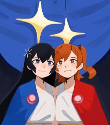  2girls absurdres aijou_karen arms_at_sides artist_name bare_shoulders black_background black_hair blue_background blue_cape blue_eyes cape closed_mouth commentary dated dress english_commentary flower hair_between_eyes hair_flower hair_ornament heads_together highres kagura_hikari kart_prowler long_hair looking_ahead looking_up multiple_girls orange_eyes orange_hair red_cape short_hair shoujo_kageki_revue_starlight side-by-side side_cape sleeveless sleeveless_dress smile star_(symbol) two-tone_background two_side_up upper_body white_dress white_flower 