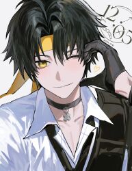  1boy absurdres armor artist_logo asaba_harumasa black_gloves black_hair blush choker closed_mouth collarbone gloves grey_background hair_between_eyes half-heart_hands headband heart highres logo looking_at_viewer male_focus nongxy_nonshi one_eye_closed shirt short_hair shoulder_armor smile solo twitter_username white_shirt yellow_eyes yellow_headband zenless_zone_zero 