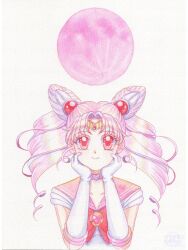  1girl 4696kurage bishoujo_senshi_sailor_moon brooch chibi_usa choker circlet cone_hair_bun double_bun elbow_gloves gem gloves hair_bun hair_ornament heart heart_brooch heart_choker highres jewelry long_hair looking_at_viewer moon painting_(medium) pink_hair pink_moon pink_sailor_collar red_eyes red_gemstone sailor_chibi_moon sailor_collar sailor_senshi_uniform simple_background smile solo traditional_media tsukimi watercolor_(medium) white_background white_gloves 