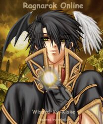  1boy 2000s_(style) asymmetrical_wings black_capelet black_gloves black_hair brown_sky capelet character_name clouds commentary commentary_typo copyright_name demon_wings energy_ball english_commentary eyes_visible_through_hair gloves hair_between_eyes head_wings highres long_bangs looking_at_viewer male_focus mismatched_wings mowu5 open_mouth photo_background ragnarok_online red_shirt shirt short_hair smile solo white_wings wings wizard_(ragnarok_online) yellow_eyes 