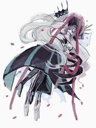  0onamae 2girls artist_name baobhan_sith_(fate) baobhan_sith_(third_ascension)_(fate) black_dress dress fate/grand_order fate_(series) gloves hair_between_eyes hat highres hug long_hair morgan_le_fay_(fate) morgan_le_fay_(queen_of_winter)_(fate) mother_and_daughter multiple_girls pink_hair ponytail simple_background two-tone_dress veil very_long_hair white_hair white_hat 