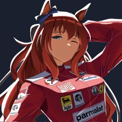  1girl ad animal_ears blue_eyes bow breasts brown_hair ear_bow ferrari formula_one hair_between_eyes highres horse_ears horse_girl long_hair long_sleeves marlboro maruzensky_(umamusume) one_eye_closed parted_lips racing_suit red_racing_suit simple_background solo toyeeta_prius umamusume upper_body 